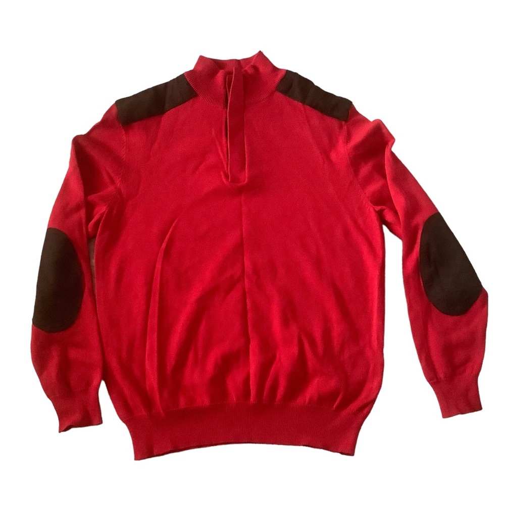 John Bartlett red with brown patches rib 3/4 button pullover sweater size smal